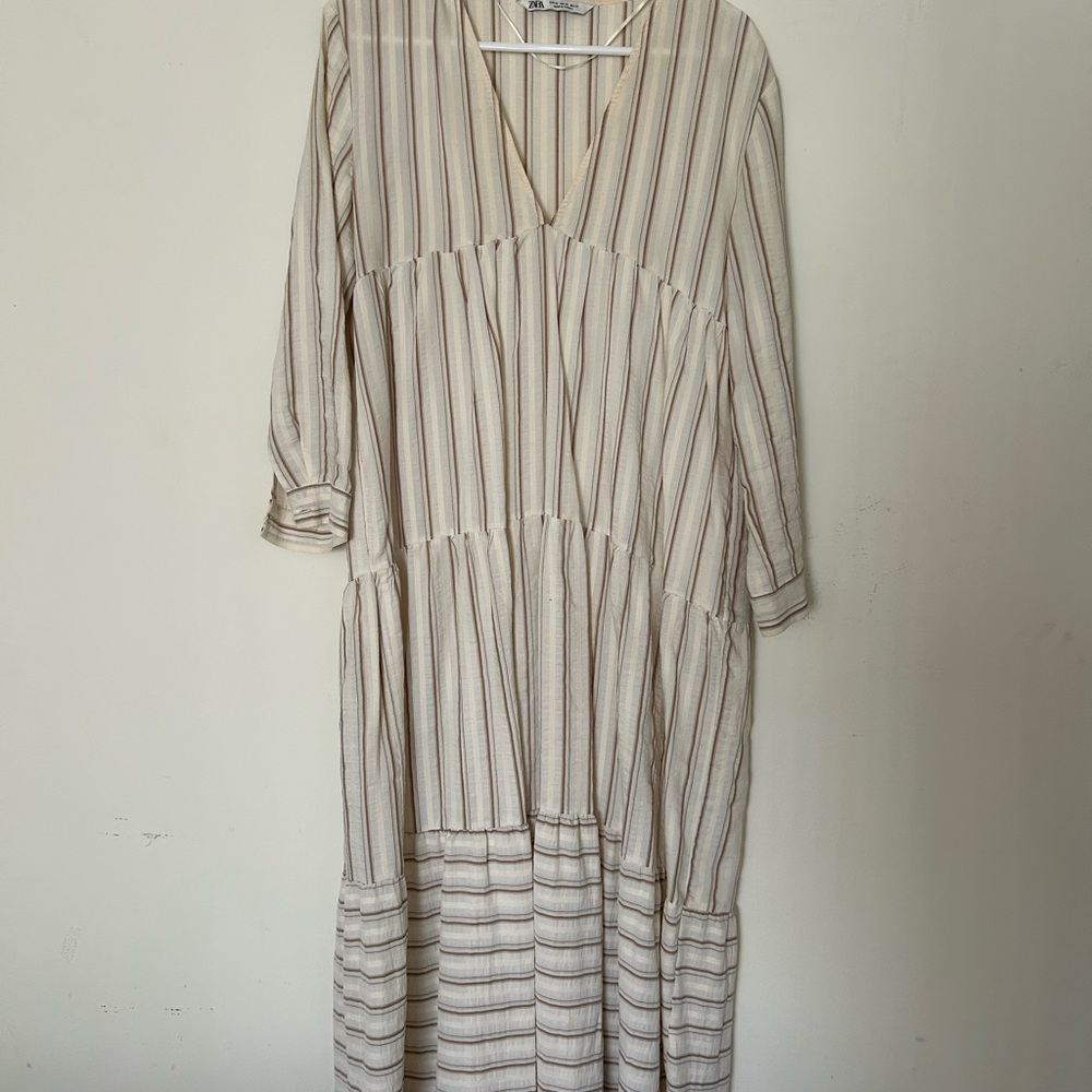Zara Tan and White Linen Pleated Sundress